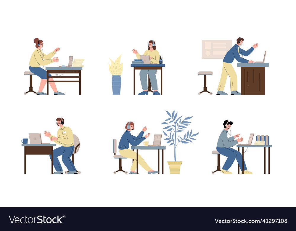 Telephone operators on hotline with clients flat