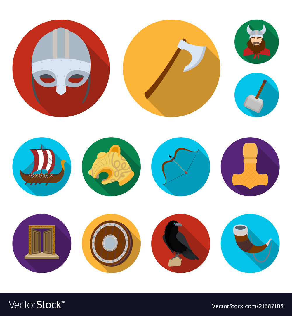 Vikings and attributes flat icons in set Vector Image Vikings and attributes flat icons in set