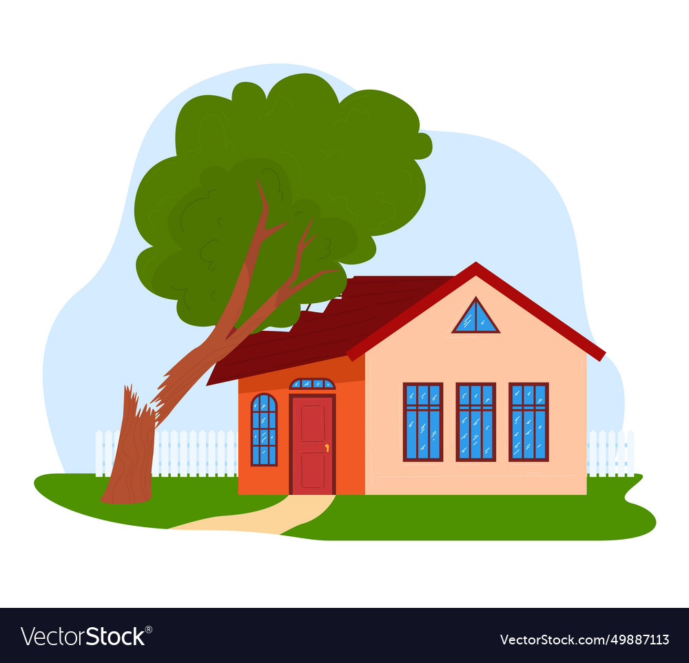 Family house with broken tree branch on roof after