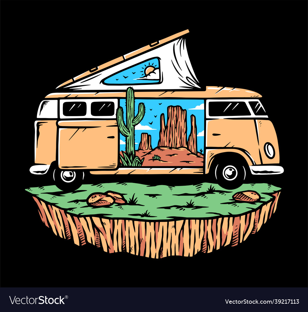 Trip to the desert in a camper van Royalty Free Vector Image