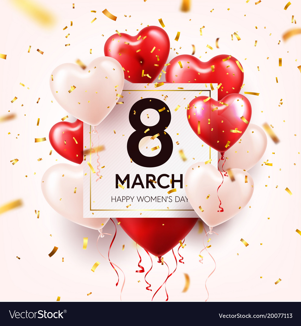 Women s day red background with balloons heart Vector Image