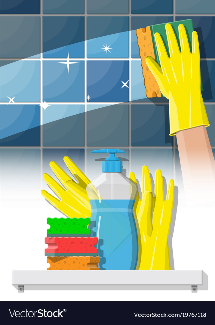 Bottle of detergent sponge soap and rubber gloves Vector Image