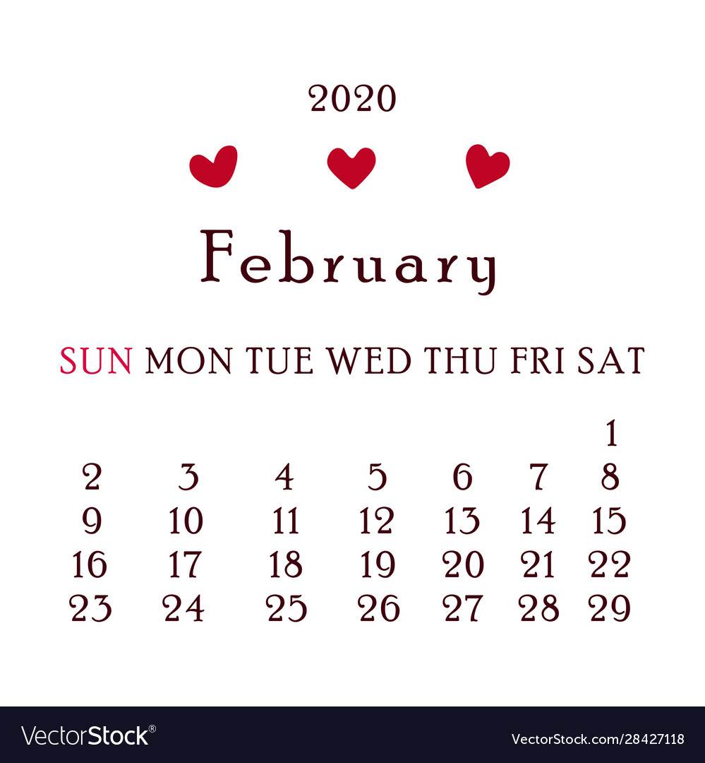 February 2020 Calendar Winter Month Royalty Free Vector