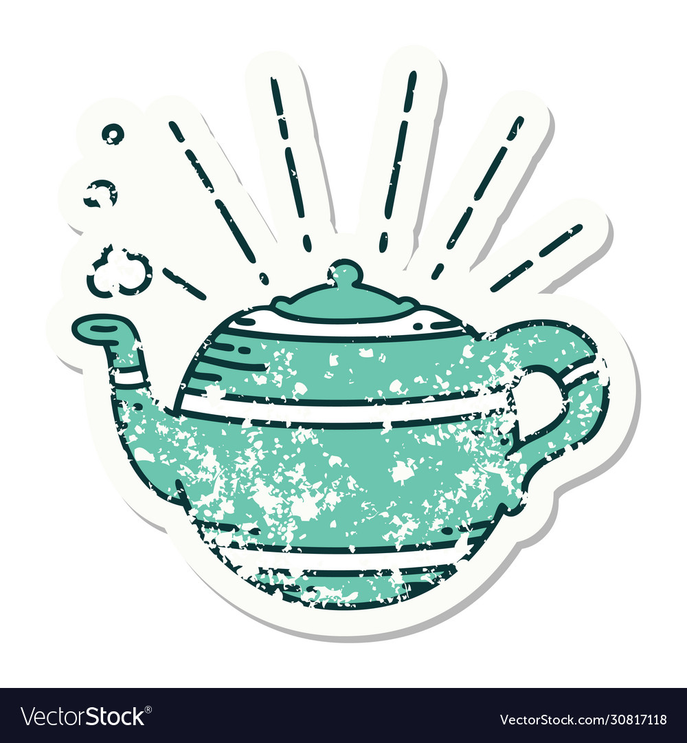 Grunge sticker tattoo style steaming teapot Vector Image