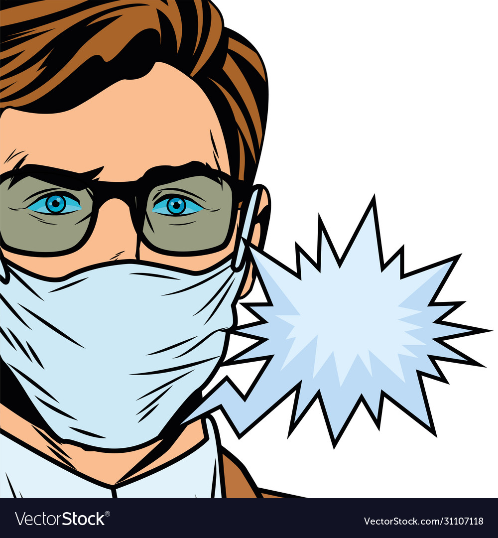 Man using face mask for covid19 with speech bubble vector image Man using face mask for covid19 with speech bubble