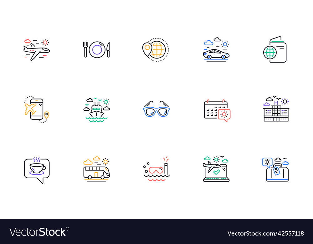 Travel line icons passport luggage and check