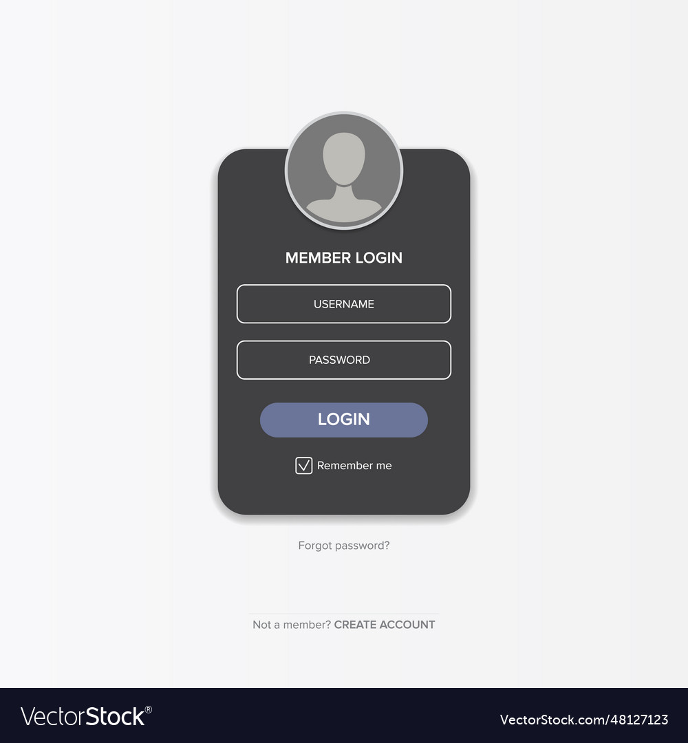 Dark grey login form web page design template vector image Dark grey login form web page design template