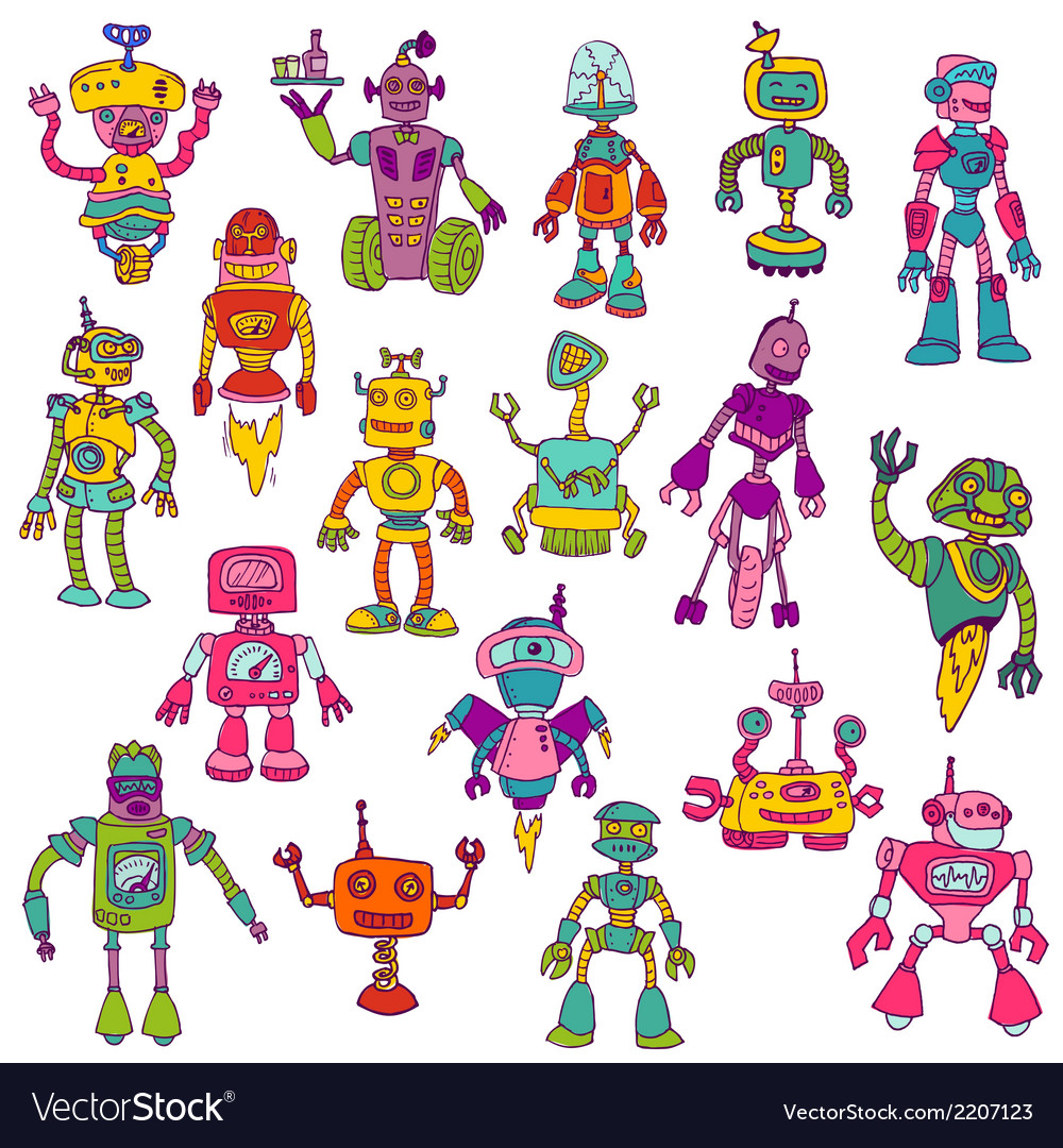 Set of robots - hand drawn doodles Royalty Free Vector Image