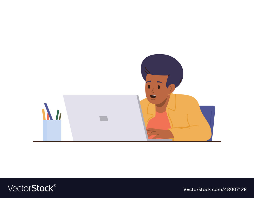 Excited happy schoolboy character studying online Vector Image