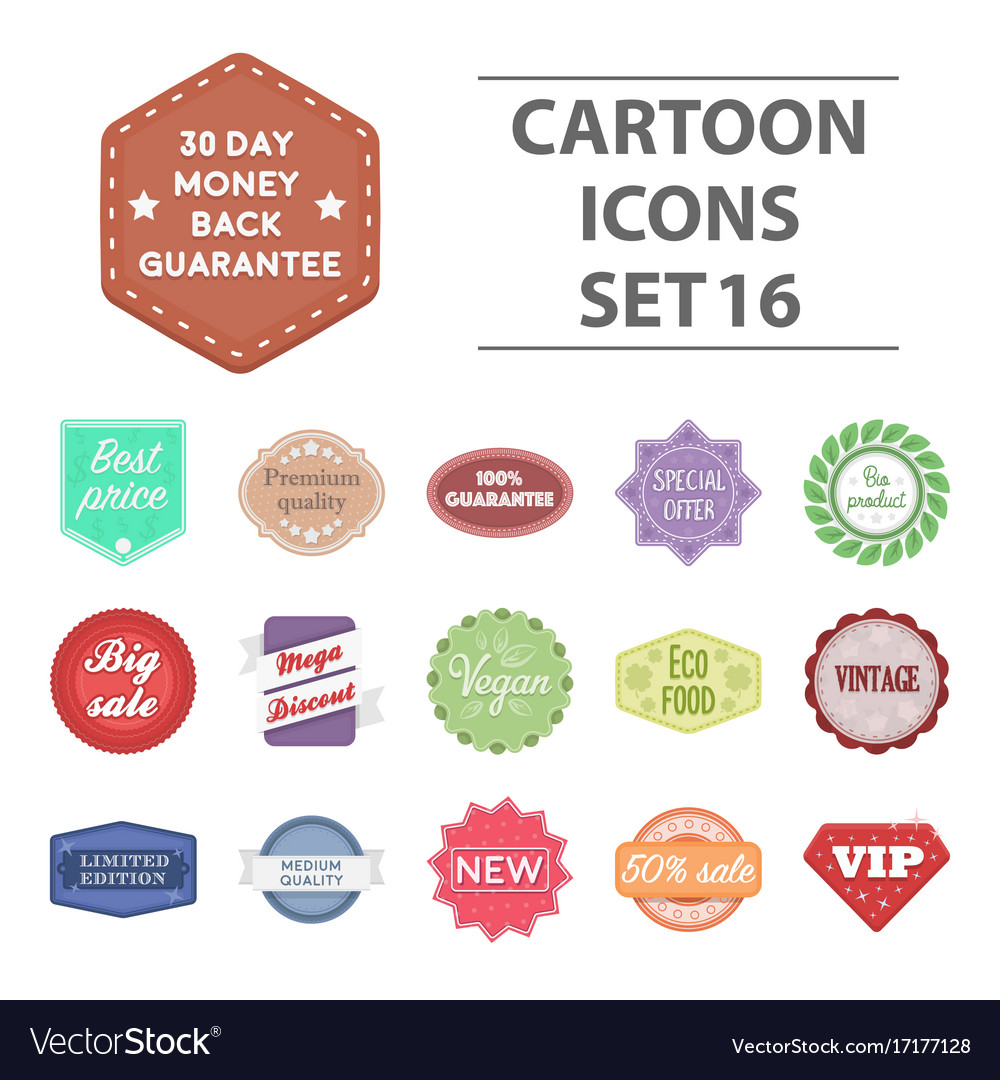 Label set icons in cartoon style big collection