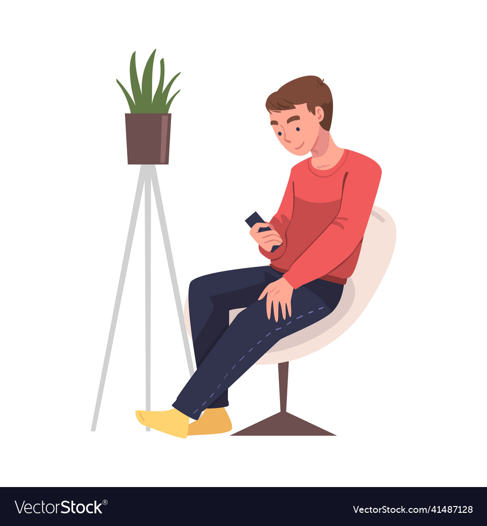Man character with digital device sitting