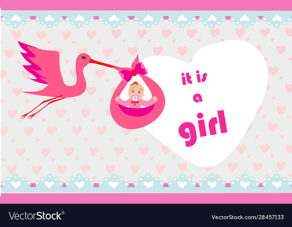 Baby girl card - a stork delivering cute