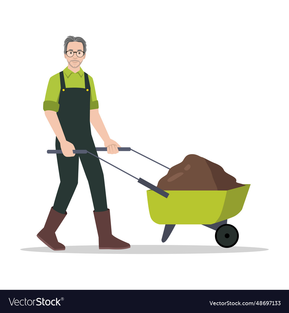 Man farmer pushing wheelbarrow with soil Vector Image