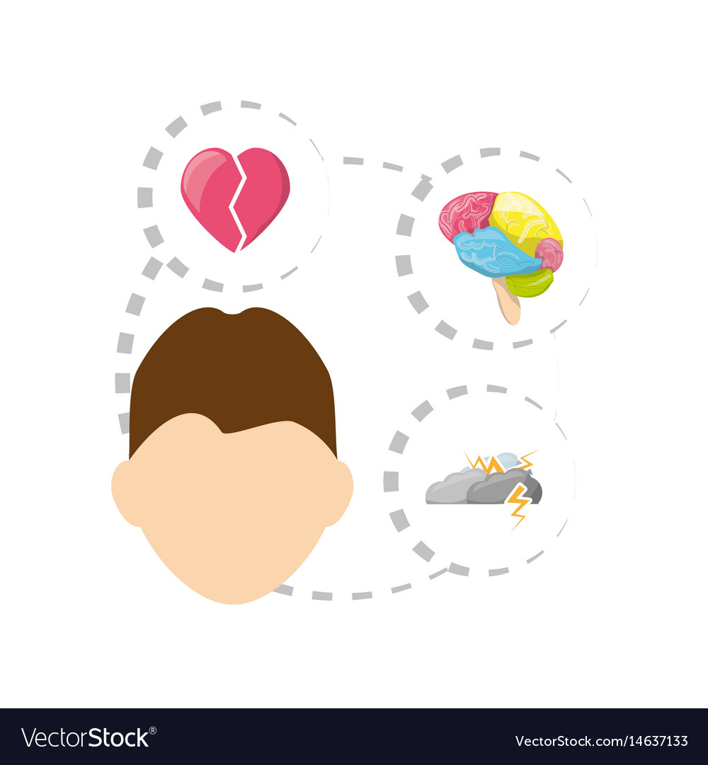 Man with heart brain cloud thunder icons around