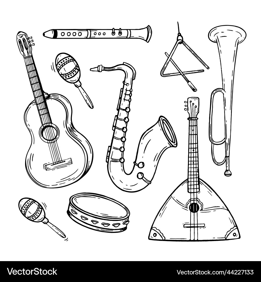 Set musical instruments hand drawn style Vector Image