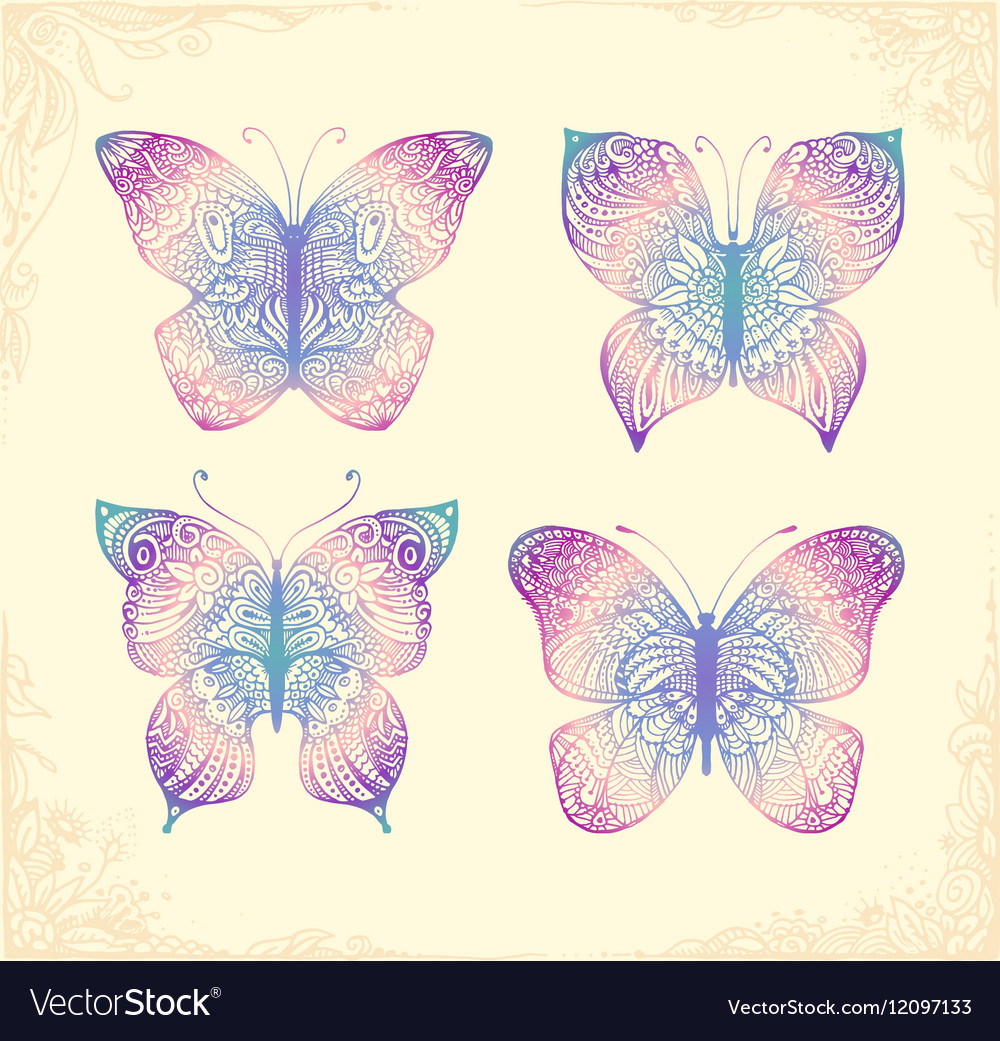 Set of beautiful butterflys hand drawn doodle