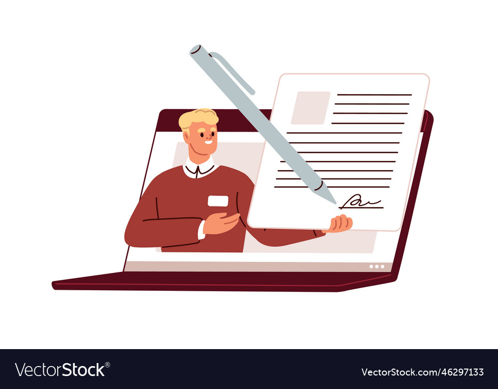 Signing digital contract e-document signature vector image Signing digital contract e-document signature