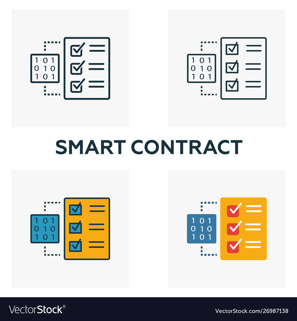 Smart contract icon set four elements in different vector image Smart contract icon set four elements in different