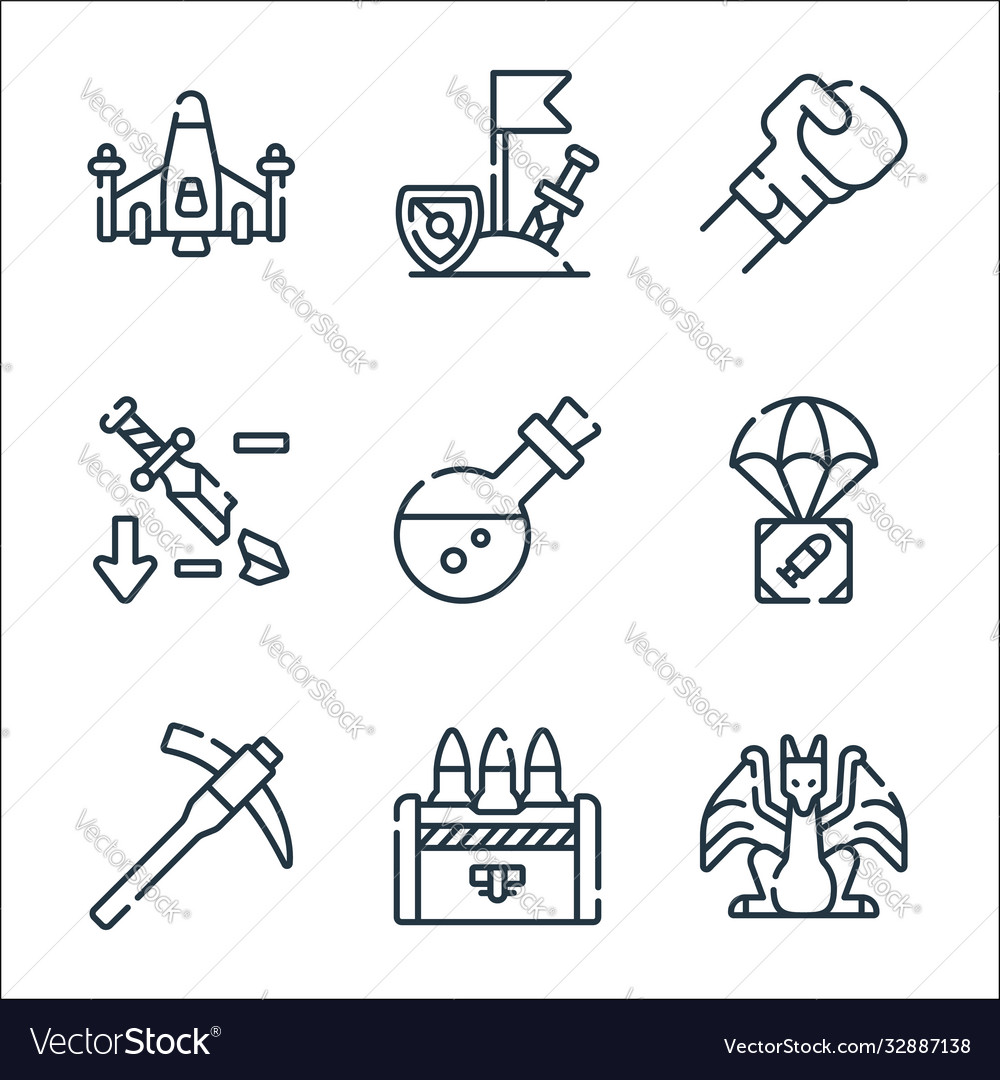 Videogame line icons linear set quality vector image Videogame line icons linear set quality
