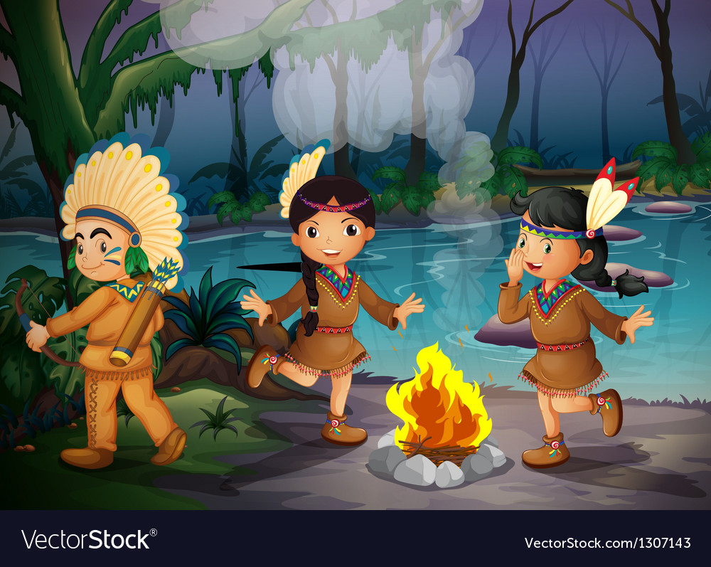 A forest with three young indians Royalty Free Vector Image