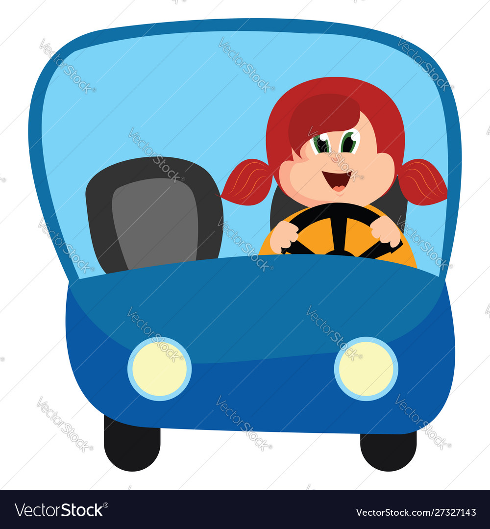 Girl behind wheel on white background Royalty Free Vector