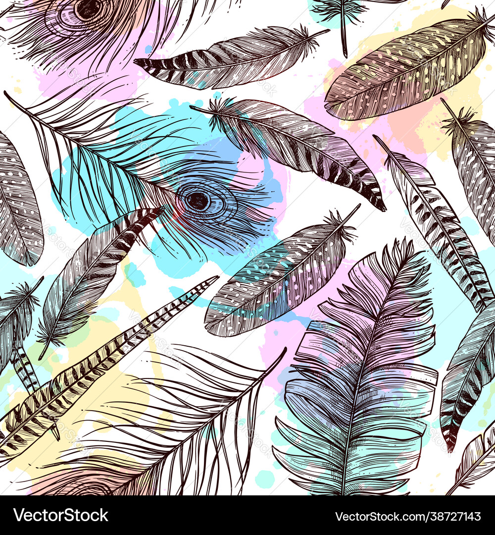 Hand drawn feathers seamless pattern Royalty Free Vector