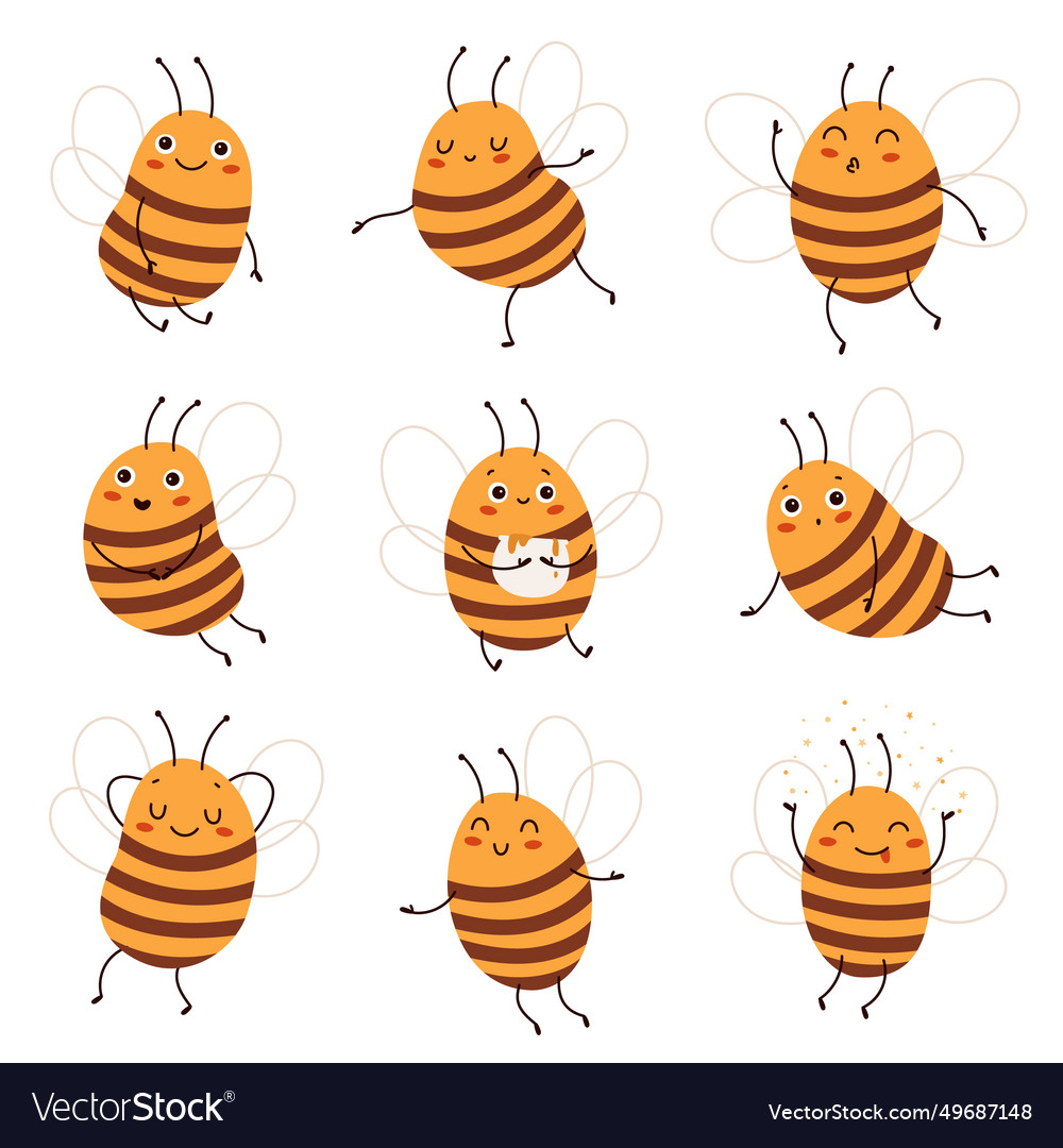 Cartoon bee cute funny honeybee characters Vector Image