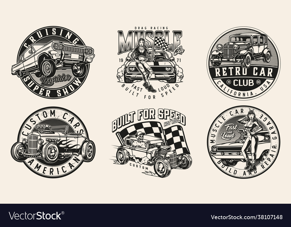 Custom Cars Vintage Labels Set Royalty Free Vector Image