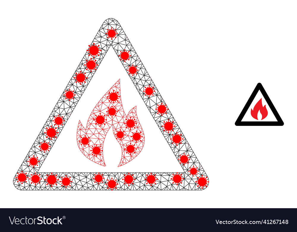 Polygonal mesh fire warning icon with coronavirus