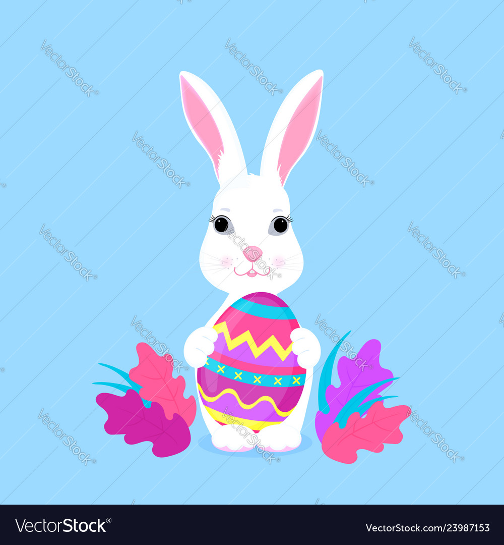 Cute easter bunny holds paschal egg in its paws vector image Cute easter bunny holds paschal egg in its paws