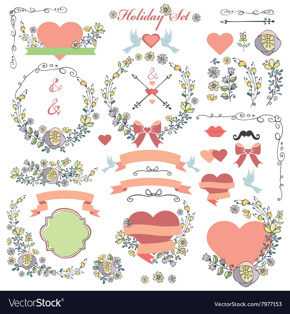 Doodle holiday set with flowersswirling decor