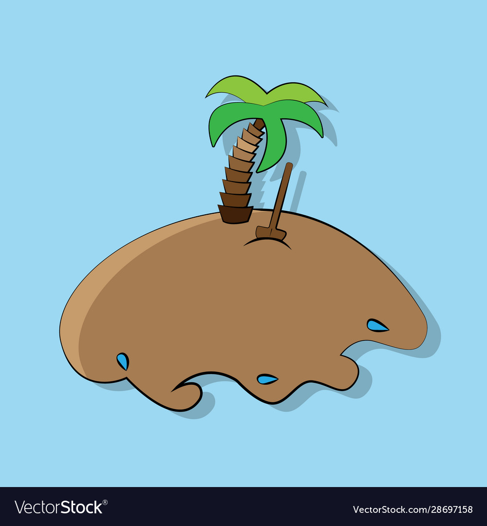 Cartoon treasure island with palm tree and shovel