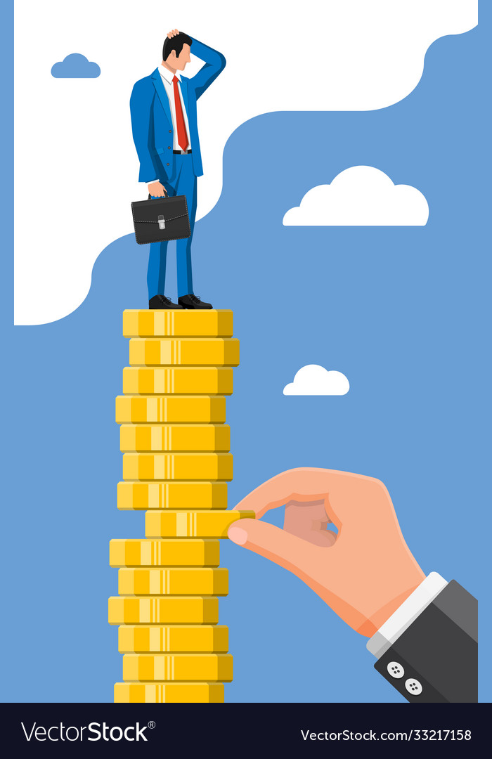 Hand tries to pull coin out stack Royalty Free Vector Image