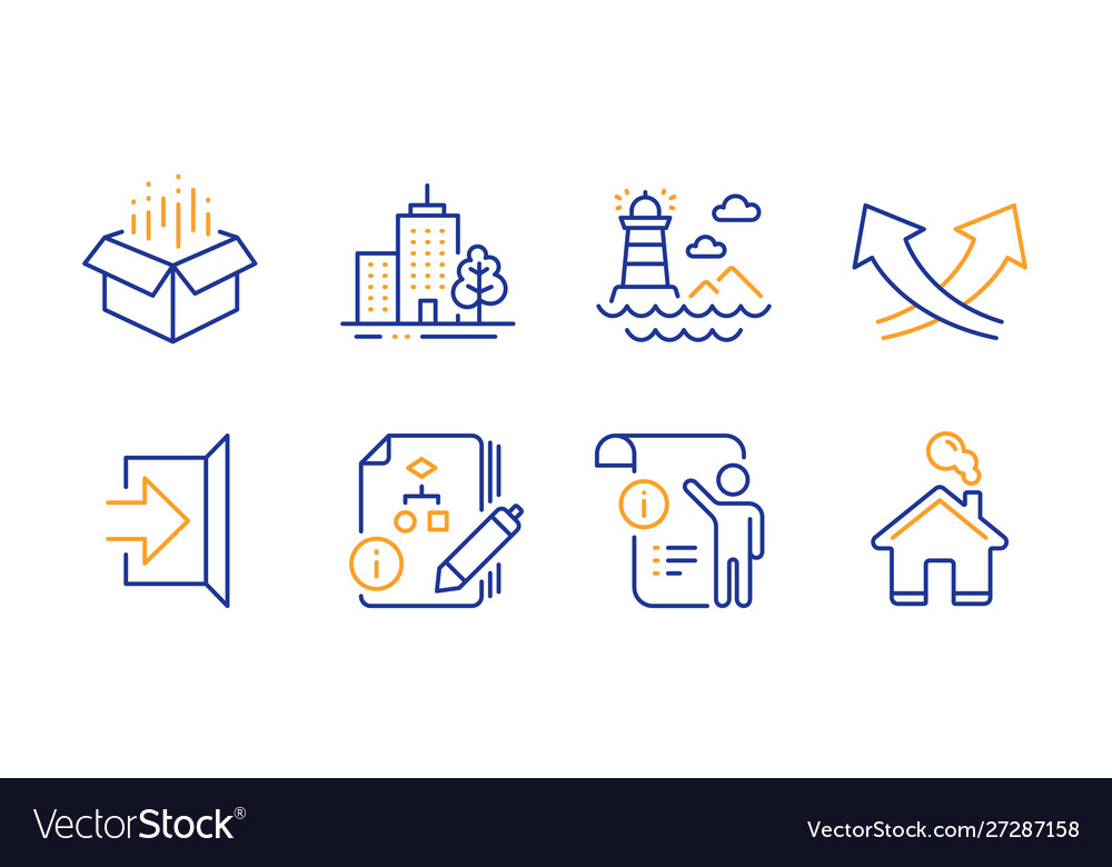 Manual doc lighthouse and open box icons set