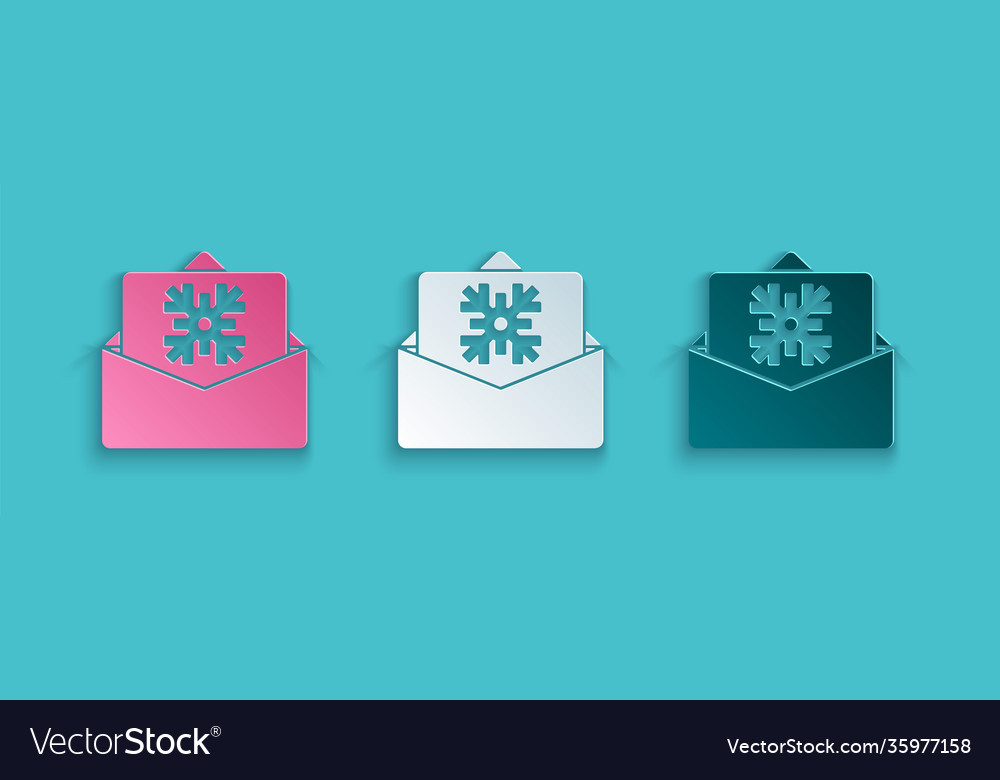 Paper cut christmas postcard icon isolated on blue