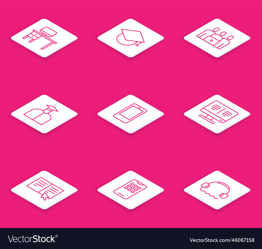 Set line computer monitor and desk graduation cap vector image Set line computer monitor and desk graduation cap