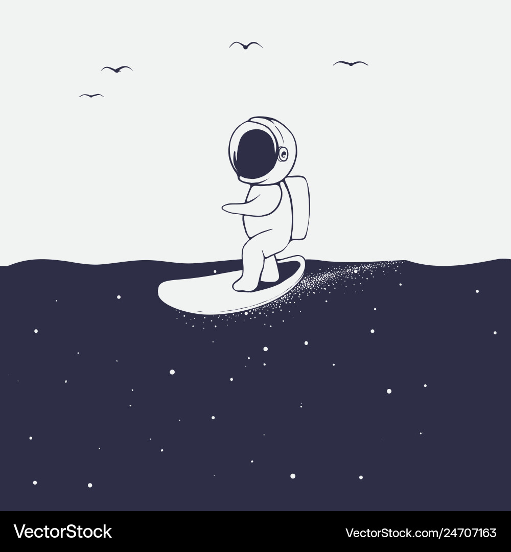 Astronaut rides on surfboard space sea Royalty Free Vector
