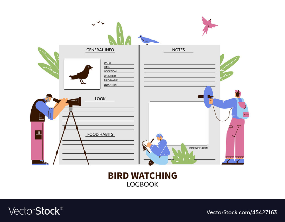 Bird watching logbook with tiny characters - flat Vector Image Bird watching logbook with tiny characters - flat
