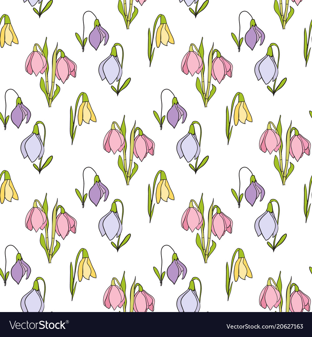 Floral seamless hand drawn pattern with snowdrops