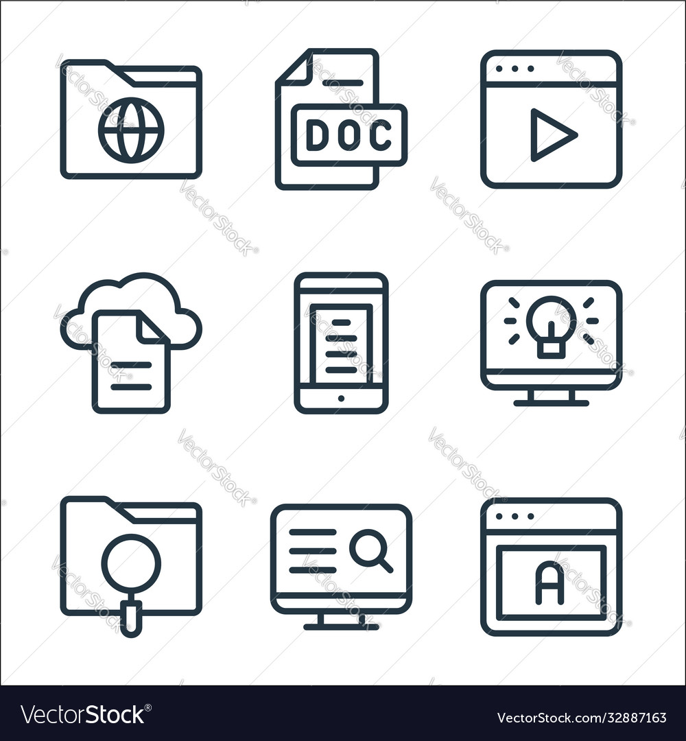 Online learning line icons linear set quality vector image Online learning line icons linear set quality