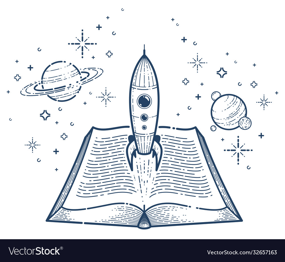 Open book with launching rocket linear icon Vector Image