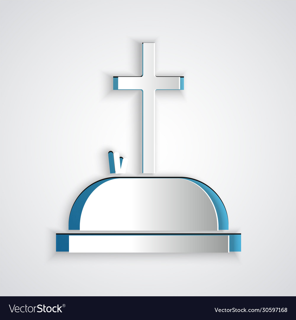 Paper cut tombstone with cross icon isolated