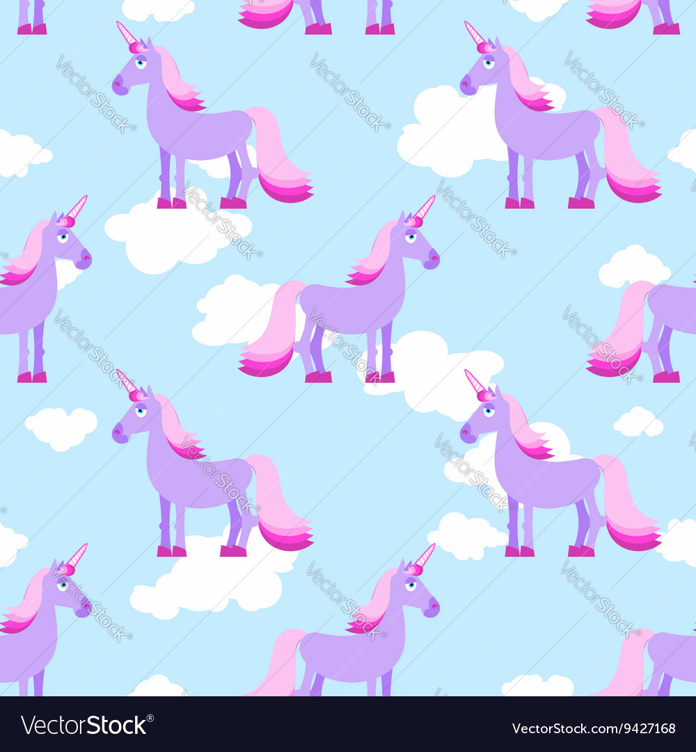 Purple unicorn on blue sky with white clouds