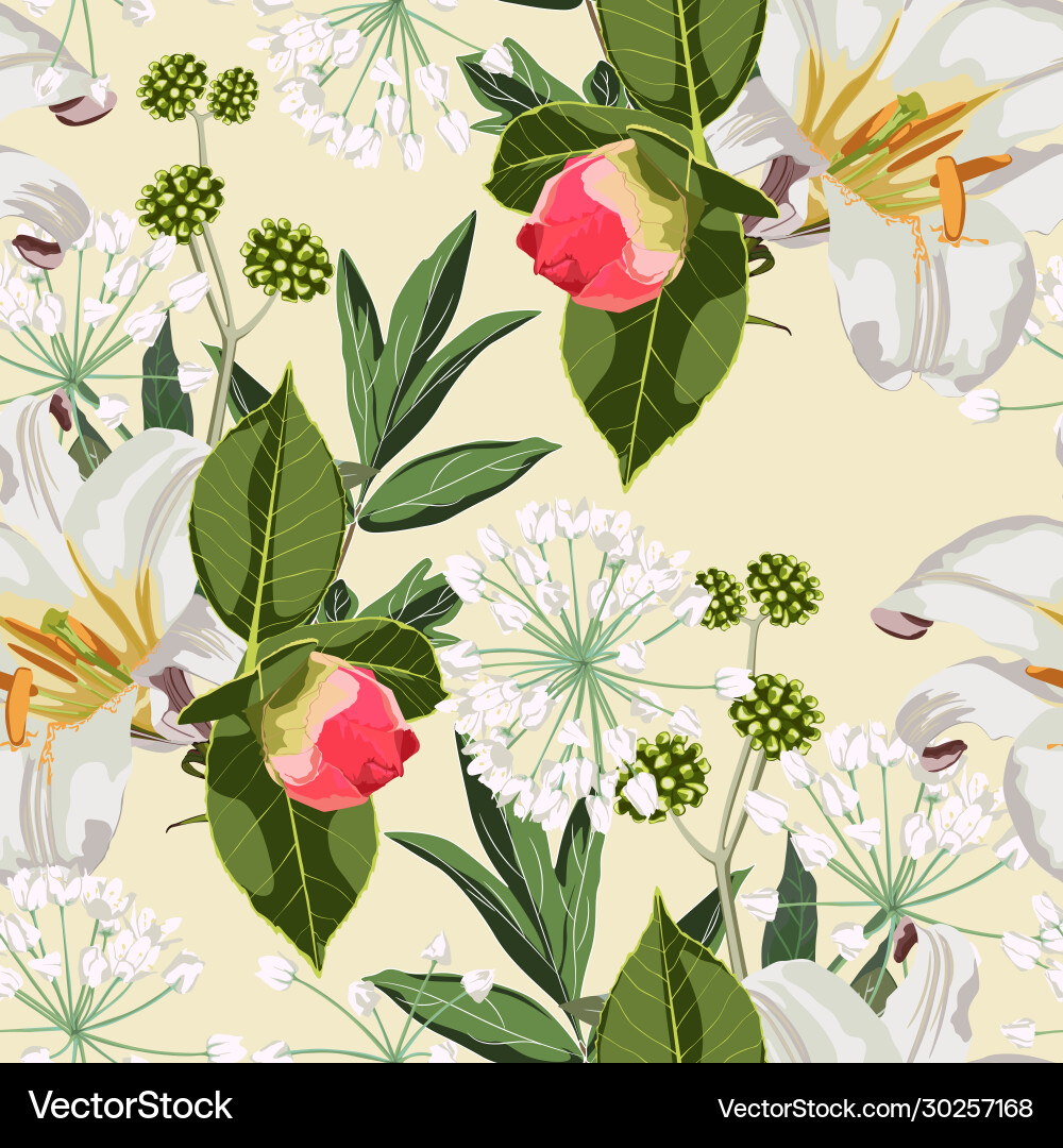 Seamless pattern with red peony bud lilies flower Vector Image