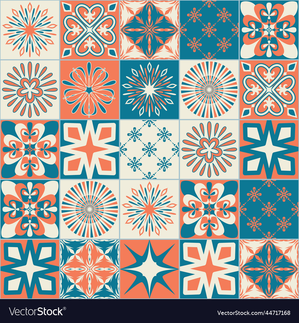 Square ceramic tiles orange blue pattern