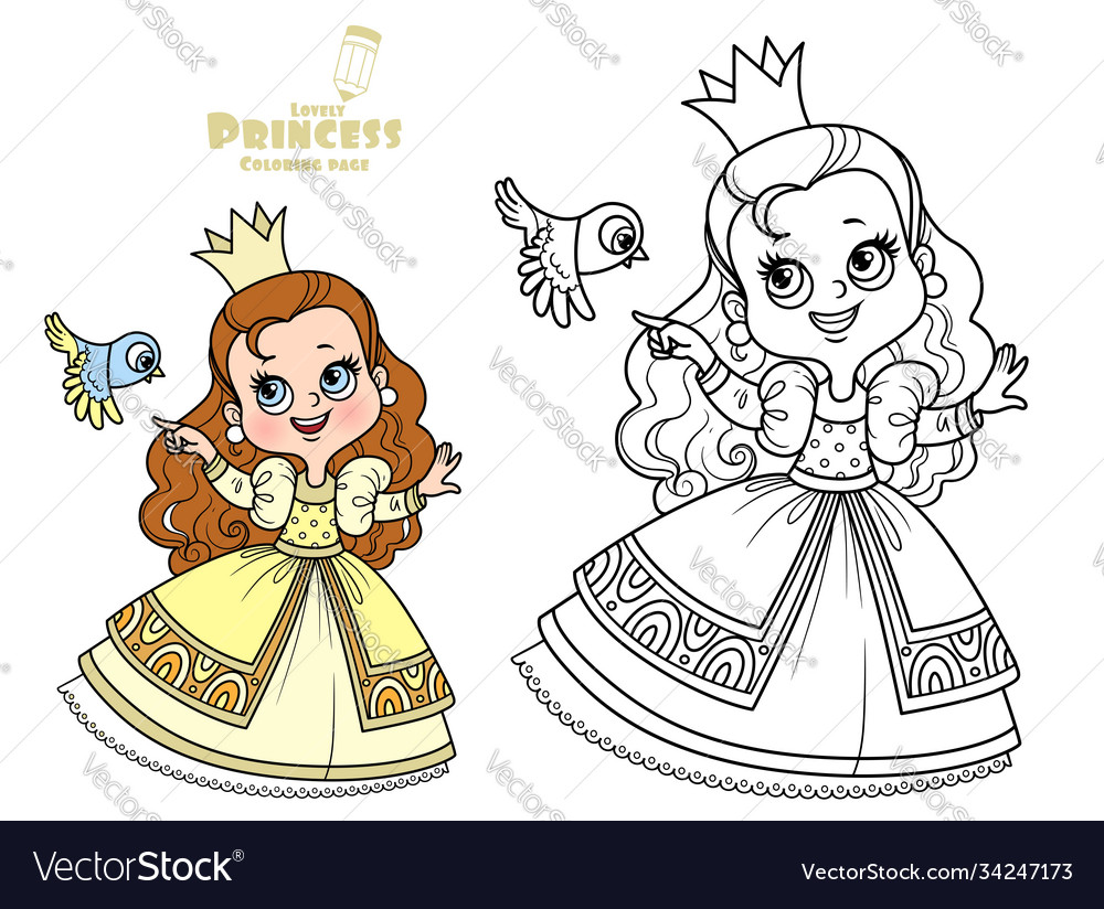 Cute princess in yellow dress with small bird