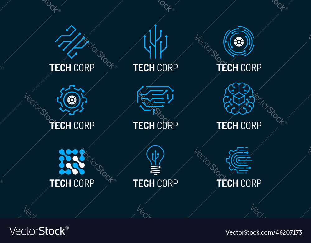 Flat microelectronics circuits technology logo set