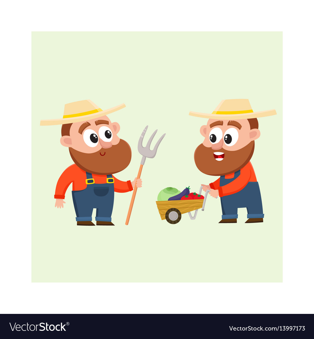 Funny farmers harvesting vegetables holding