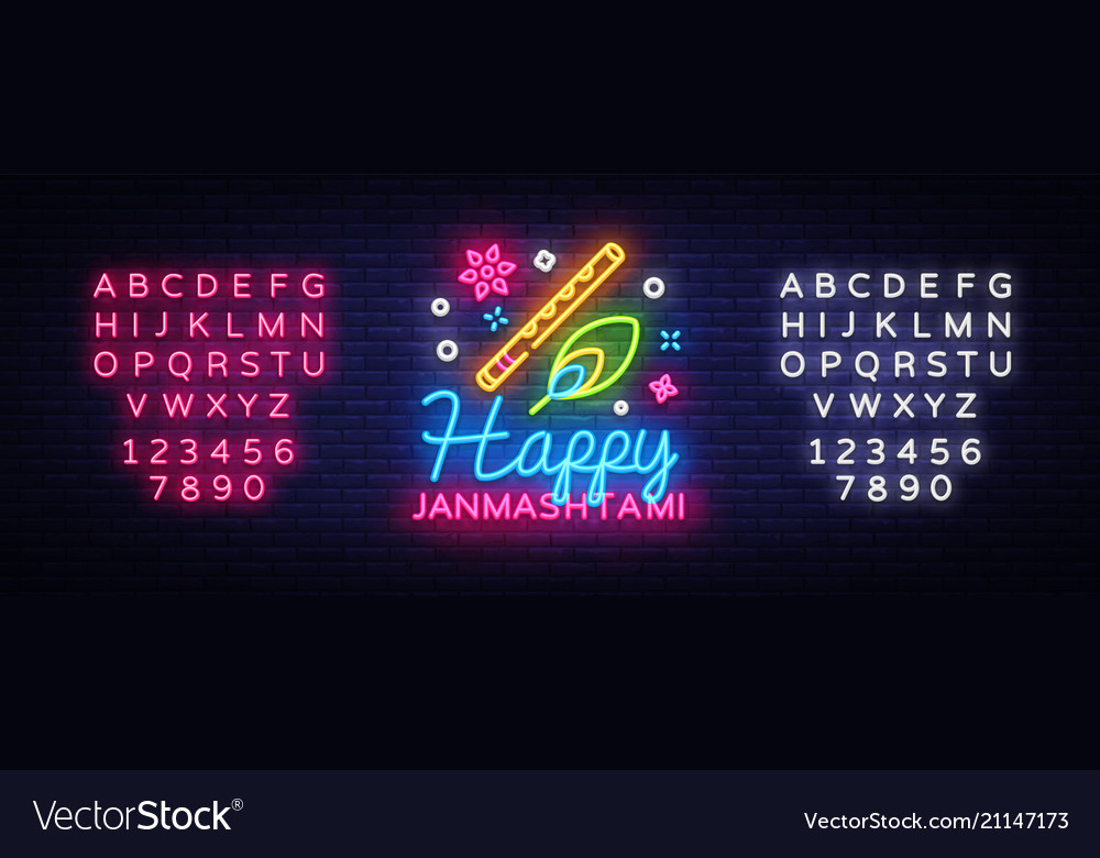 Happy janmashtami greeting card neon design