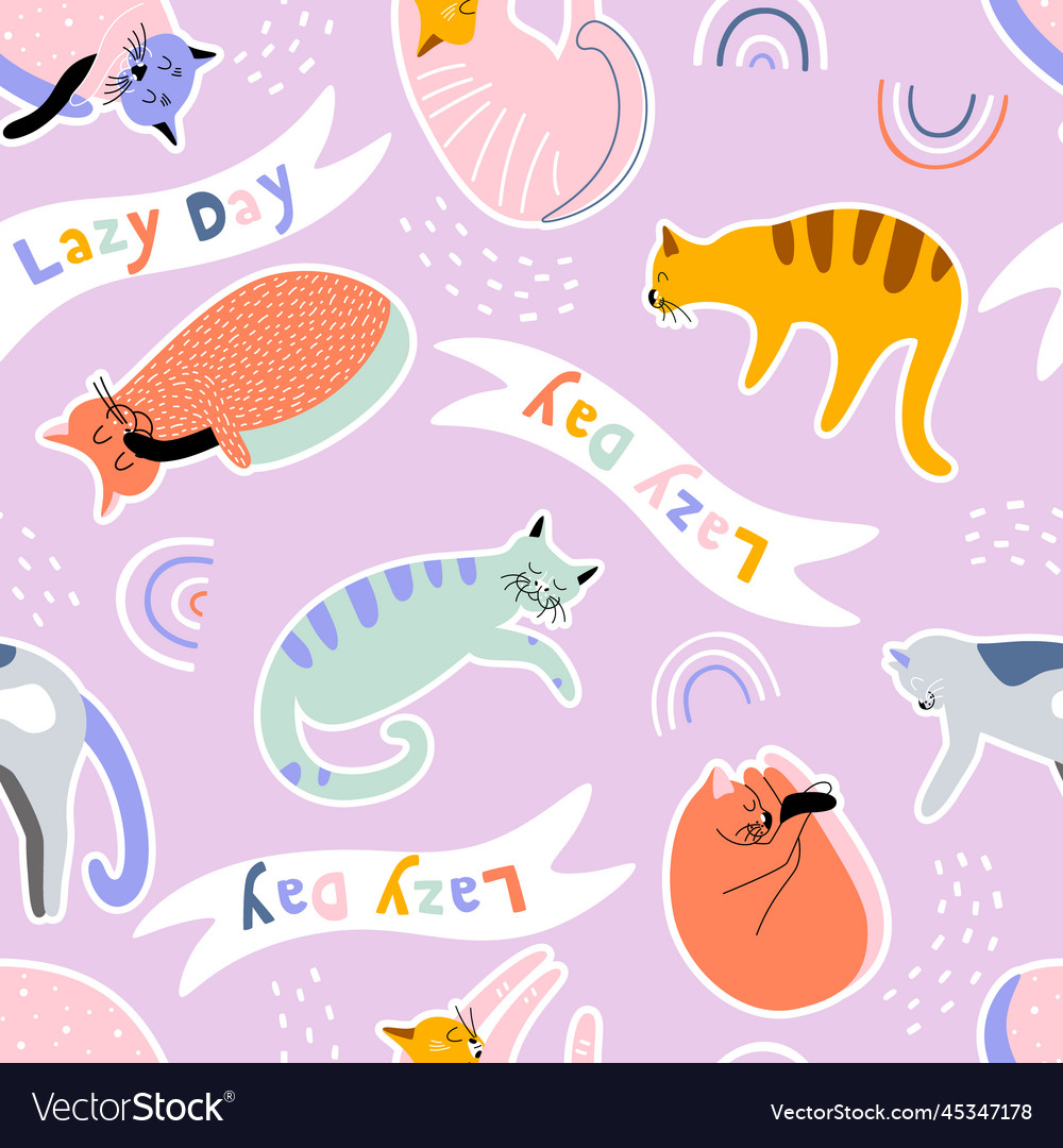 Cute lazy cats in sticker style sleeping on pink